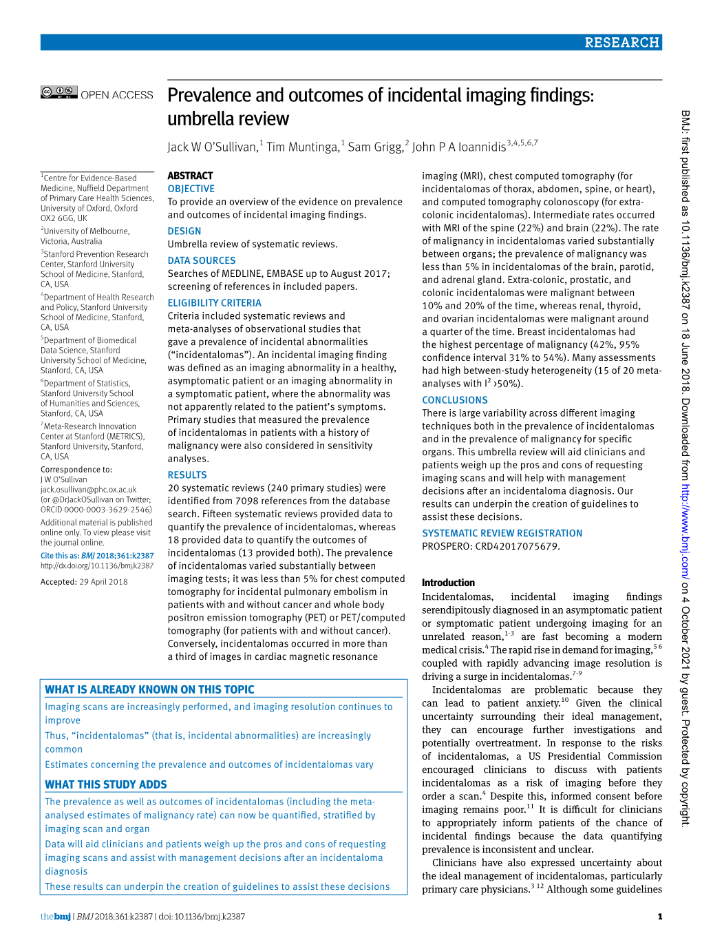 Prevalence and Outcomes of Incidental Imaging Findings: Umbrella Review BMJ: First Published As 10.1136/Bmj.K2387 on 18 June 2018