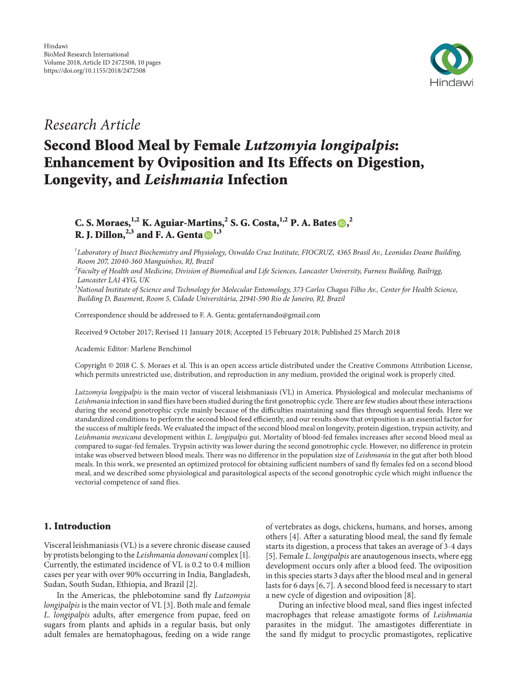 Second Blood Meal by Female Lutzomyia Longipalpis: Enhancement by Oviposition and Its Effects on Digestion, Longevity, and Leishmania Infection