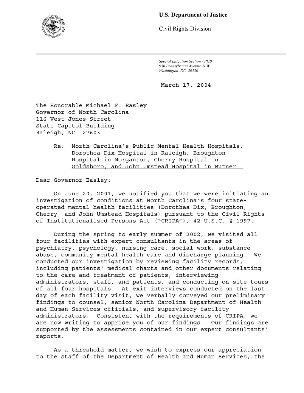 United States Department of Justice, Findings Letter, North Carolinia's