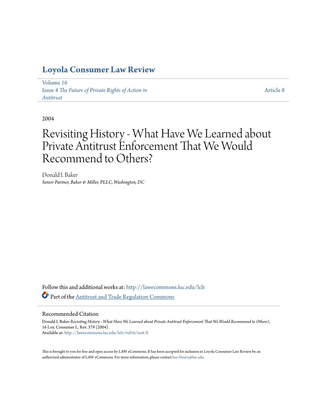 What Have We Learned About Private Antitrust Enforcement That We Would Recommend to Others? Donald I