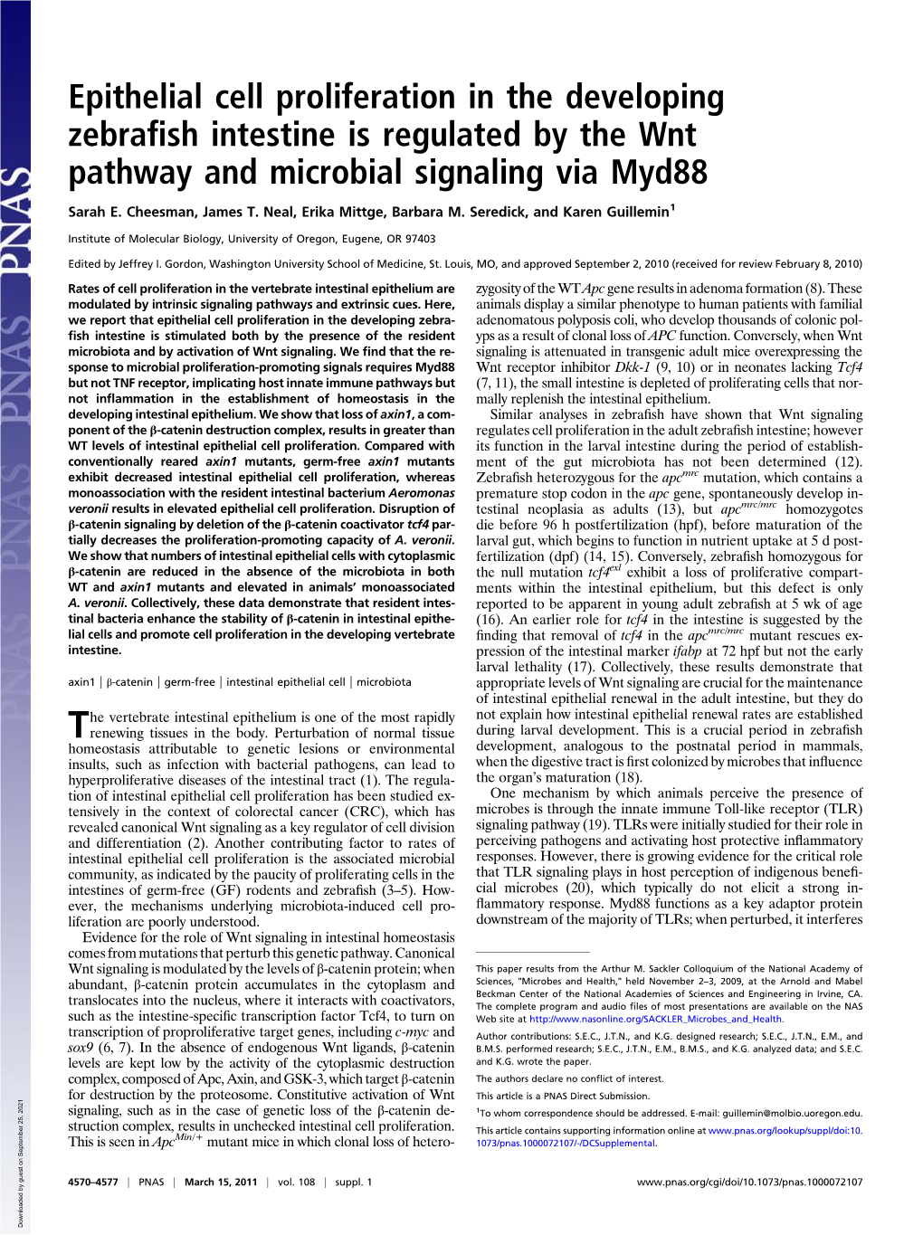 Epithelial Cell Proliferation in the Developing Zebrafish Intestine Is