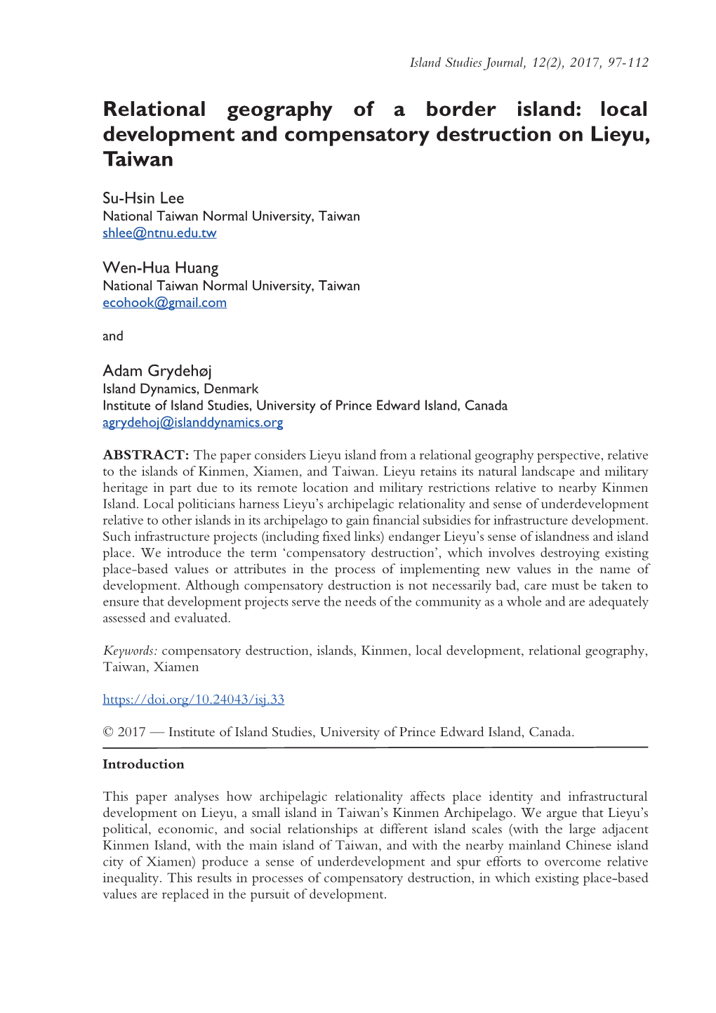 Relational Geography of a Border Island: Local Development and Compensatory Destruction on Lieyu, Taiwan