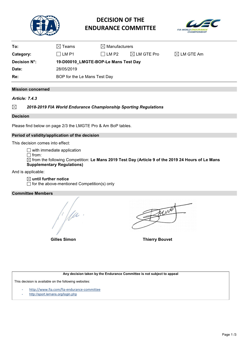 Decision of the Endurance Committee