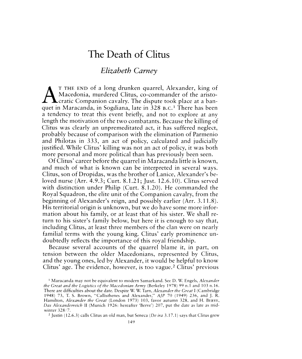 The Death of Clitus , Greek, Roman and Byzantine Studies, 22:2 (1981:Summer) P.149