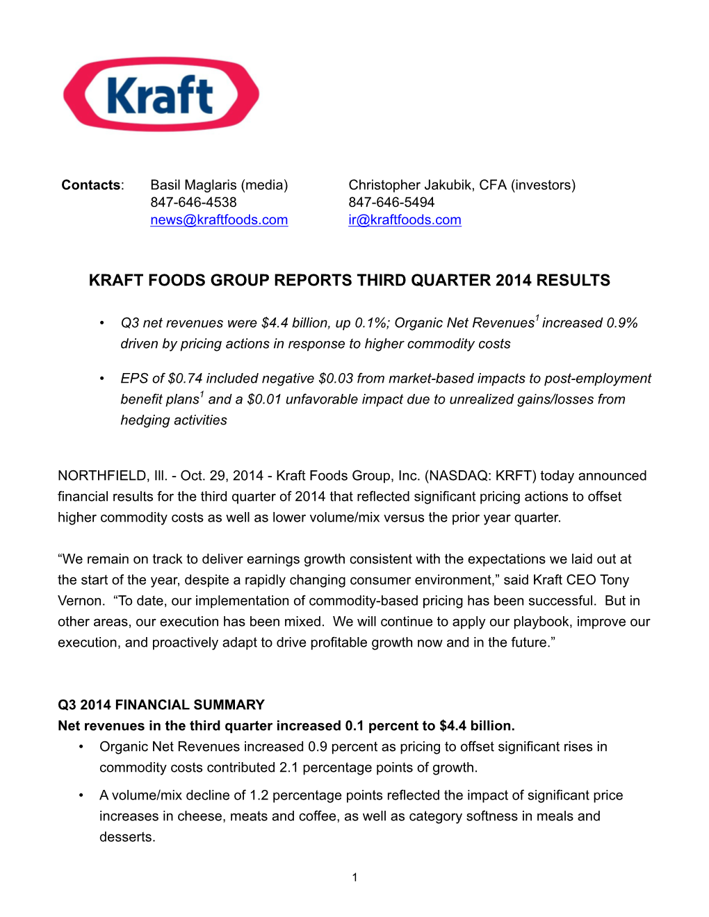 Kraft Foods Group Reports Third Quarter 2014 Results