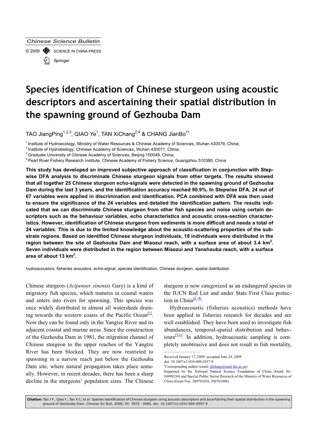 Species Identification of Chinese Sturgeon Using Acoustic Descriptors and Ascertaining Their Spatial Distribution in the Spawning Ground of Gezhouba Dam