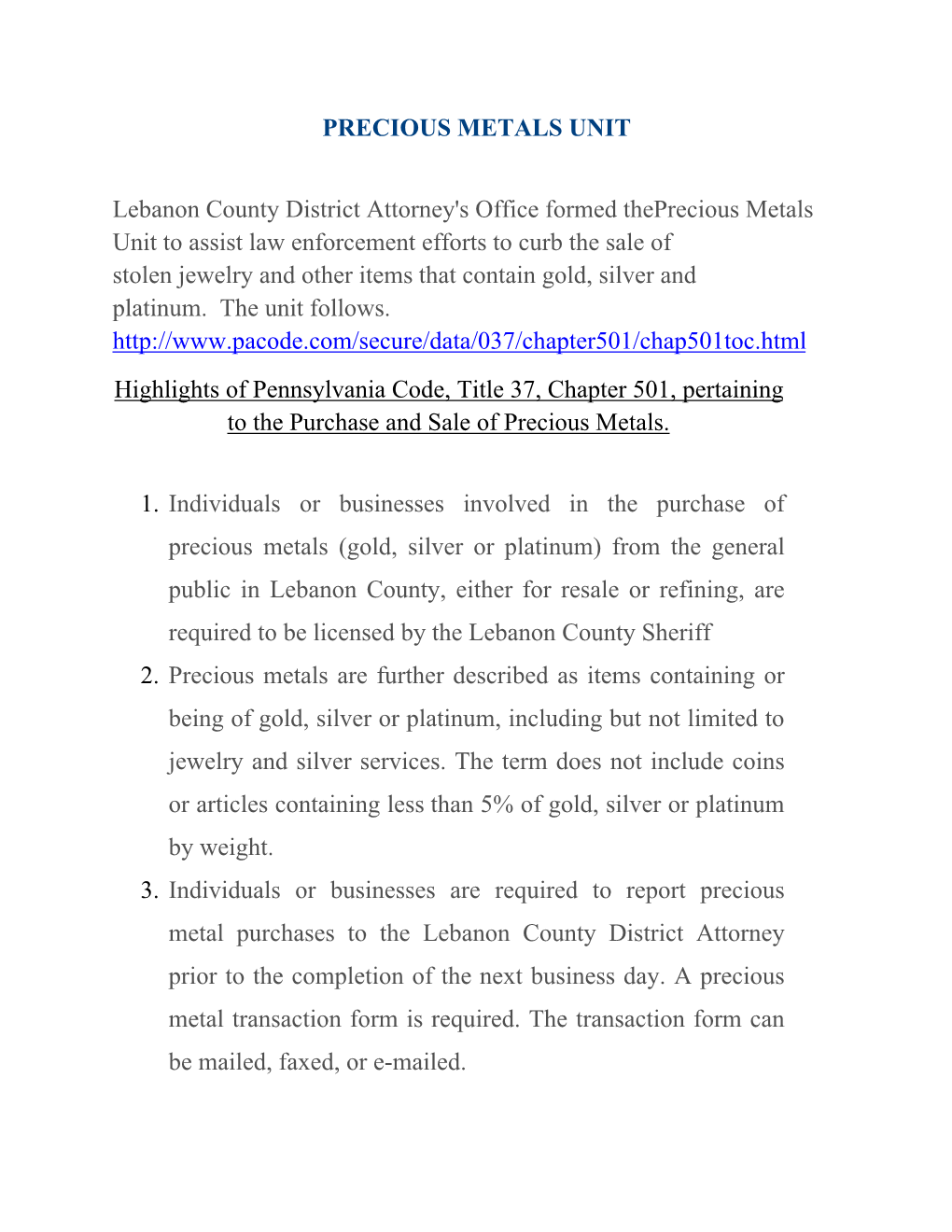 PRECIOUS METALS UNIT Lebanon County District Attorney's Office