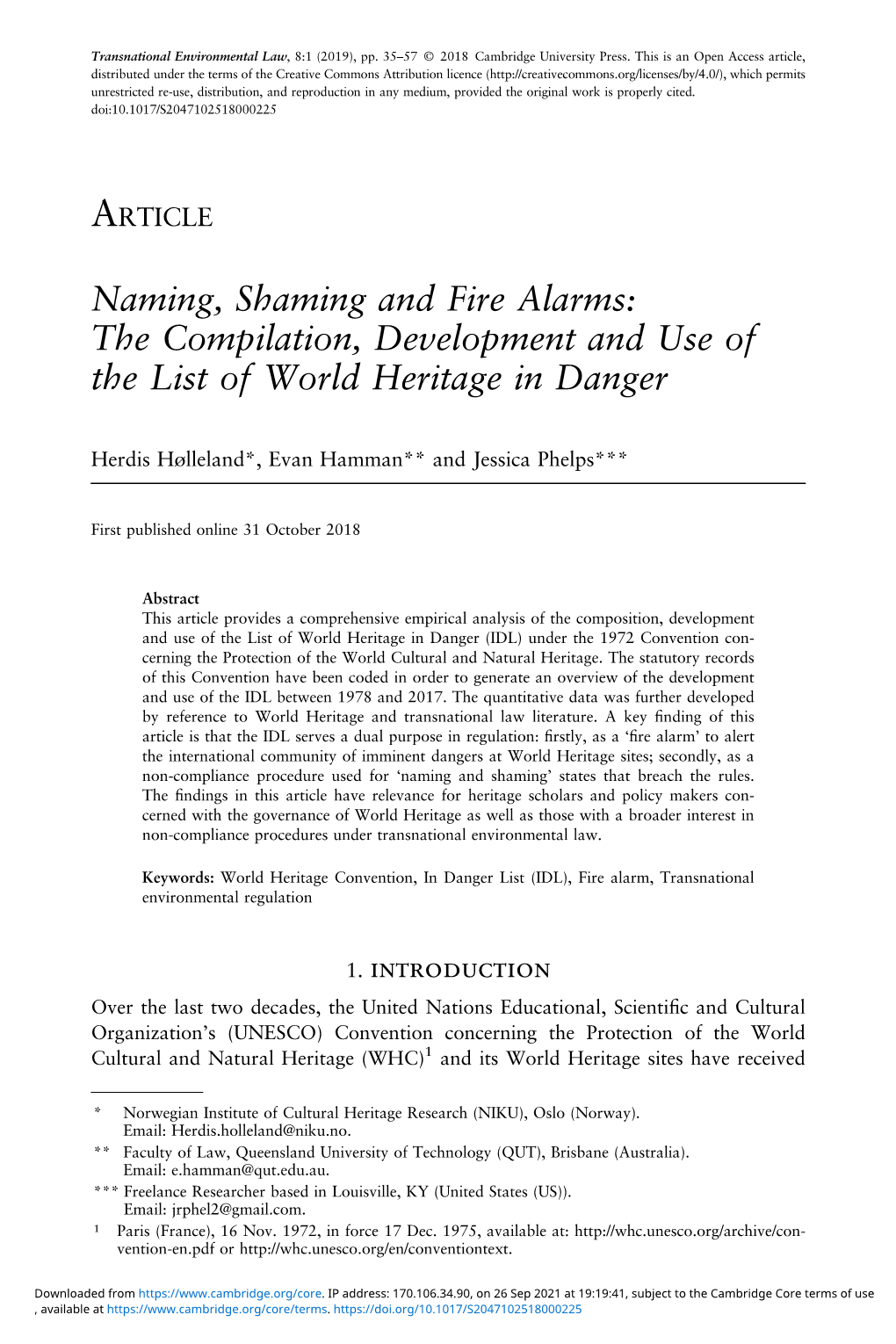 Naming, Shaming and Fire Alarms: the Compilation, Development and Use of the List of World Heritage in Danger