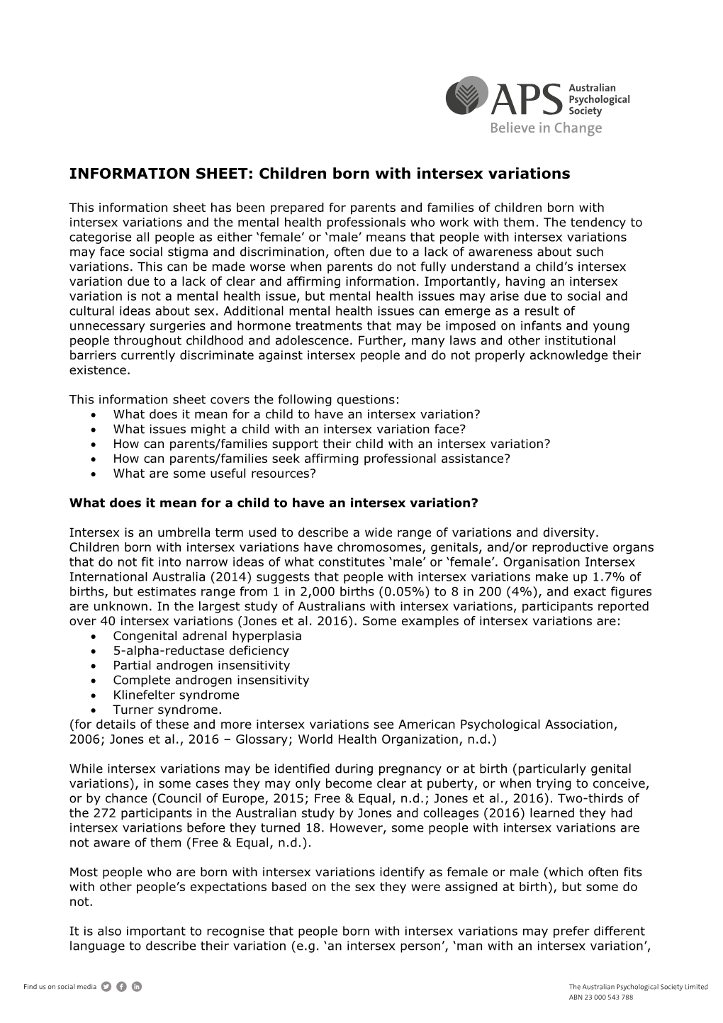 INFORMATION SHEET: Children Born with Intersex Variations