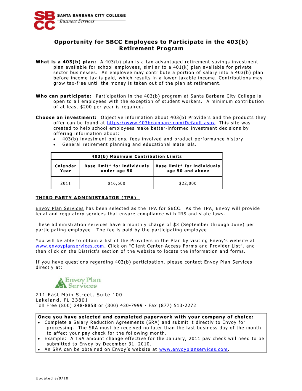 Opportunity for SBCC Employees to Participate in the 403(B) Retirement Program