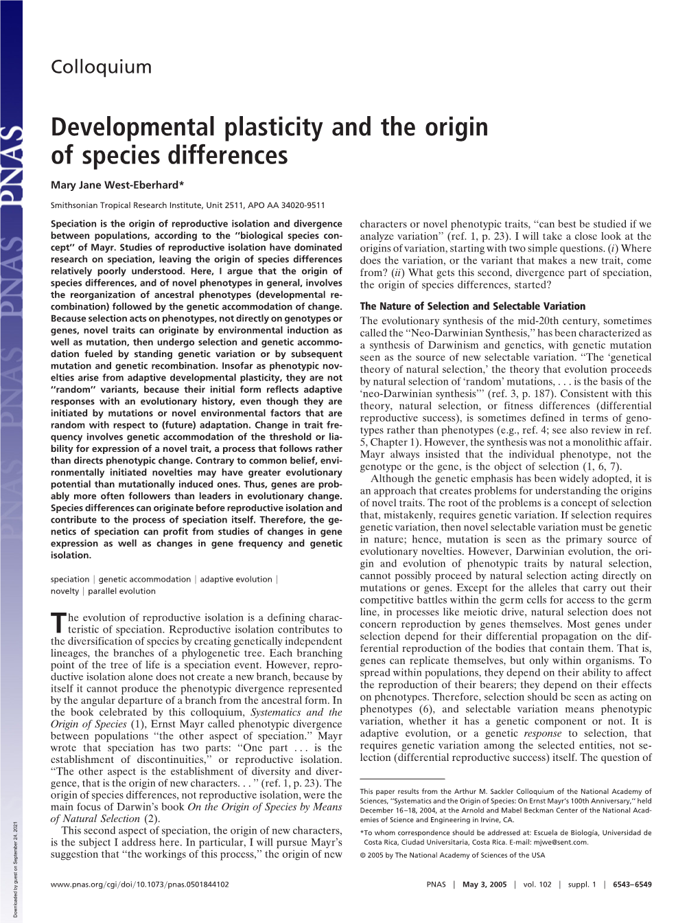 Developmental Plasticity and the Origin of Species Differences