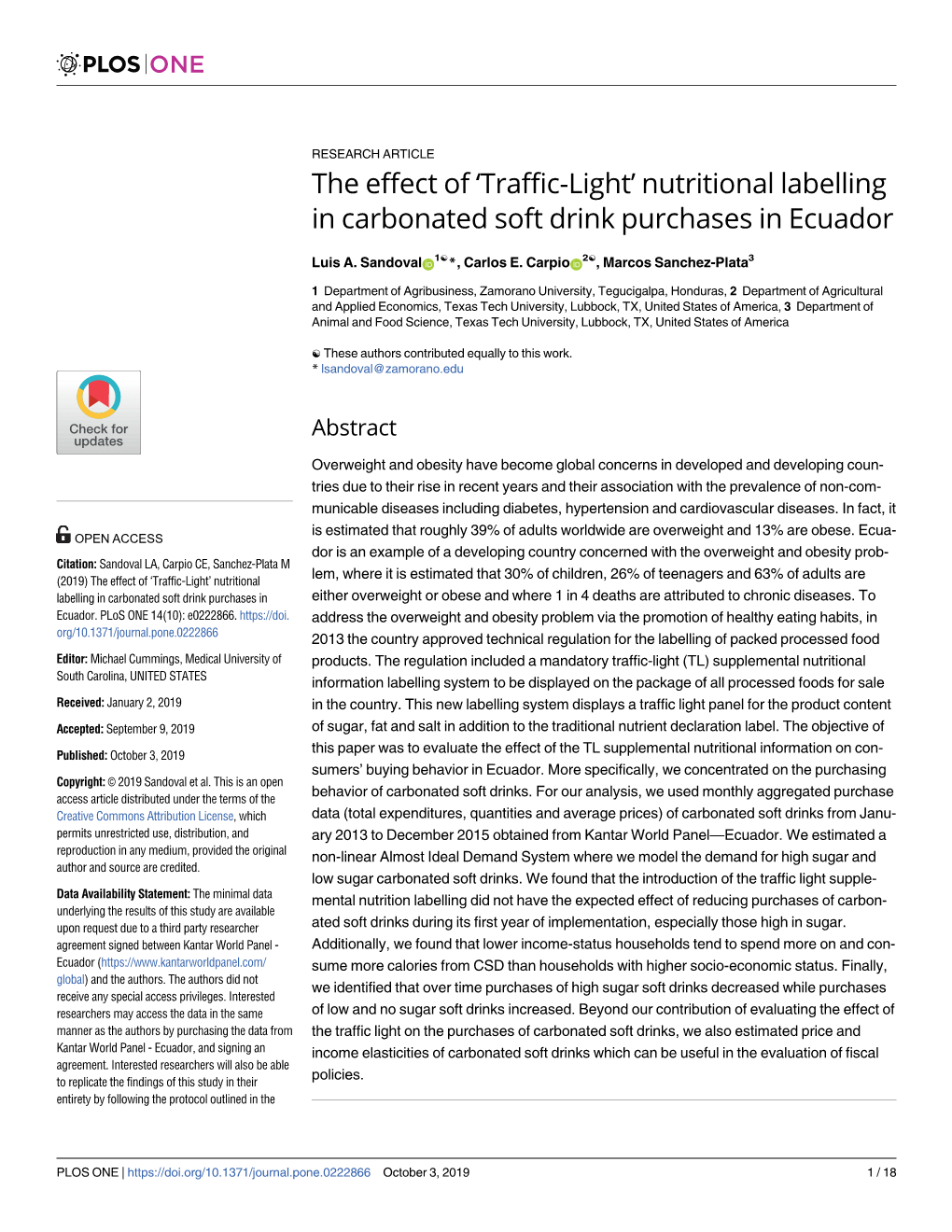 Nutritional Labelling in Carbonated Soft Drink Purchases in Ecuador