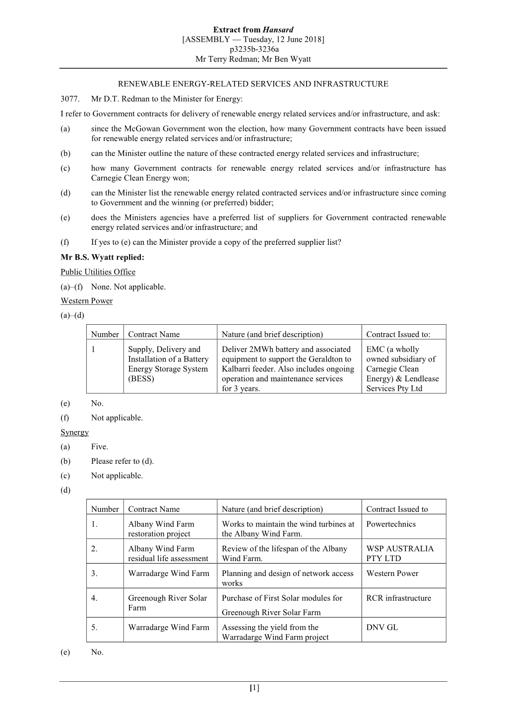 Extract from Hansard [ASSEMBLY — Tuesday, 12 June 2018] P3235b-3236A Mr Terry Redman; Mr Ben Wyatt [1] RENEWABLE ENERGY-RELATE