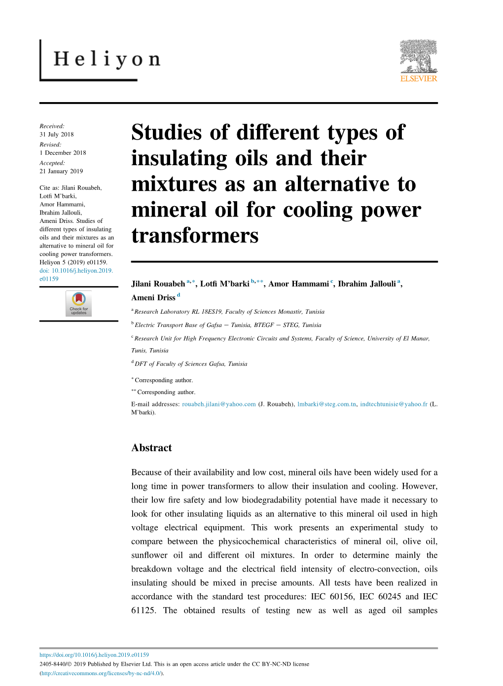 Studies of Different Types of Insulating Oils and Their Mixtures As An