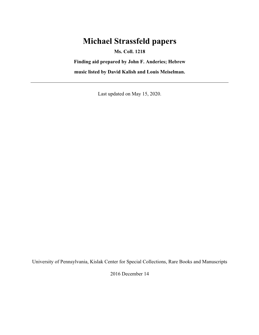 Michael Strassfeld Papers Ms