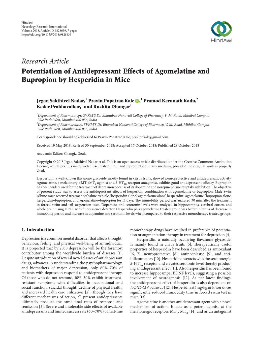 Potentiation of Antidepressant Effects of Agomelatine and Bupropion by Hesperidin in Mice