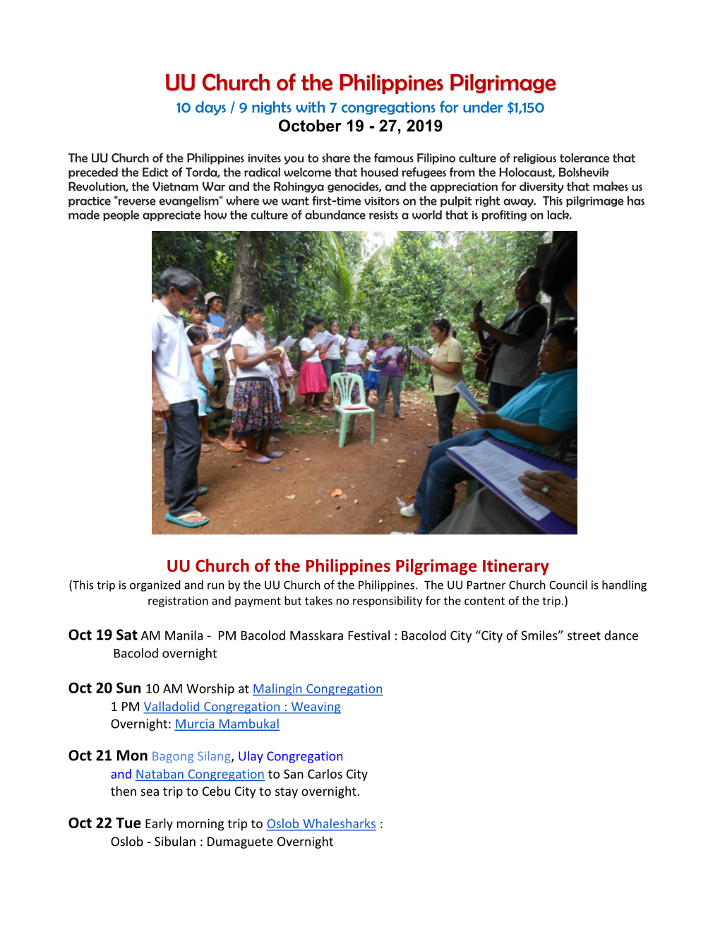 UU Church of the Philippines Pilgrimage 10 Days / 9 Nights with 7 Congregations for Under $1,150 October 19 - 27, 2019