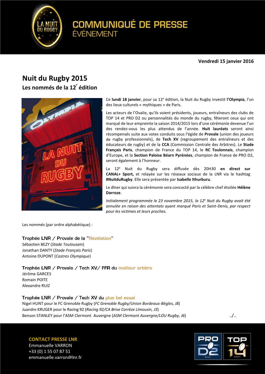 Nuit Du Rugby 2015 Les Nommés De La 12E Édition