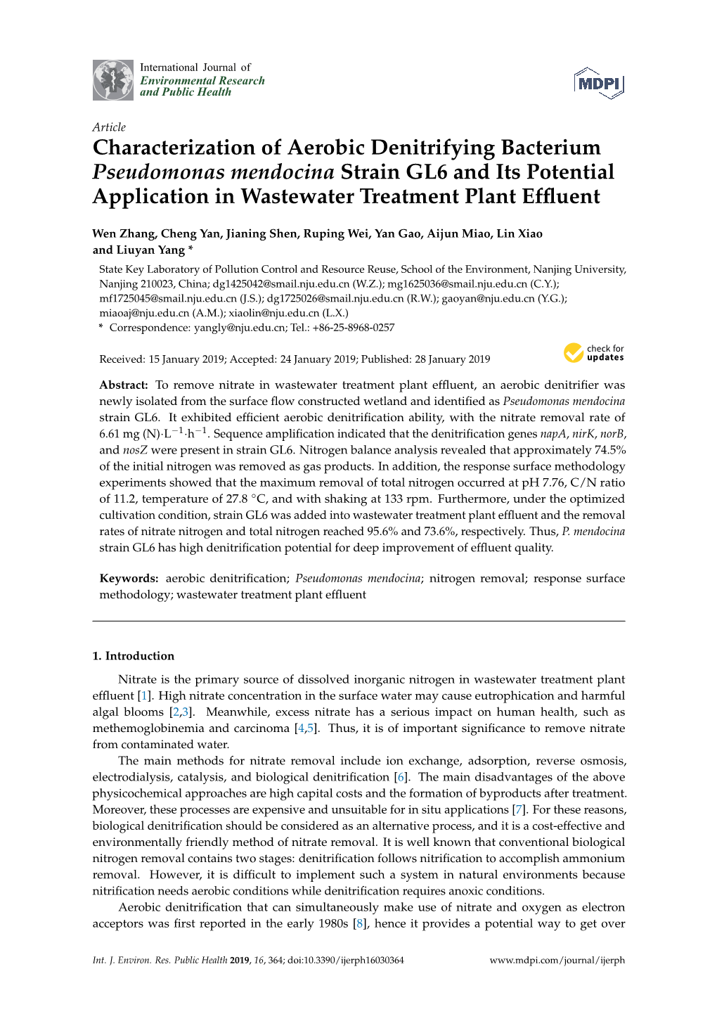 Characterization of Aerobic Denitrifying Bacterium Pseudomonas Mendocina Strain GL6 and Its Potential Application in Wastewater Treatment Plant Efﬂuent