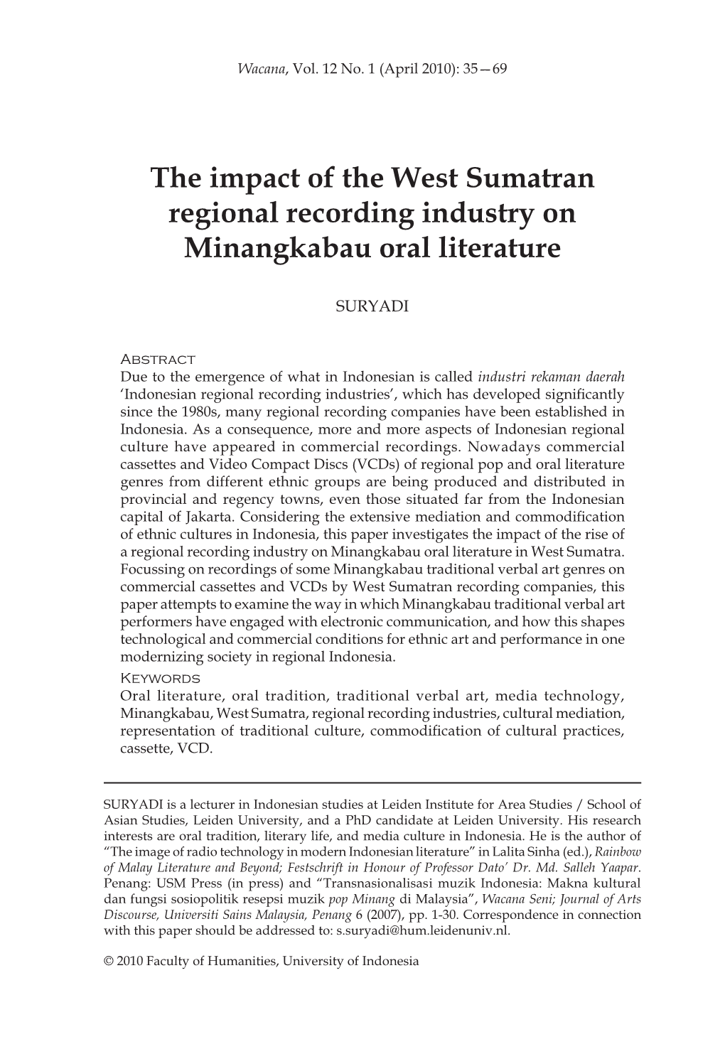 The Impact of the West Sumatran Regional Recording Industry on Minangkabau Oral Literature