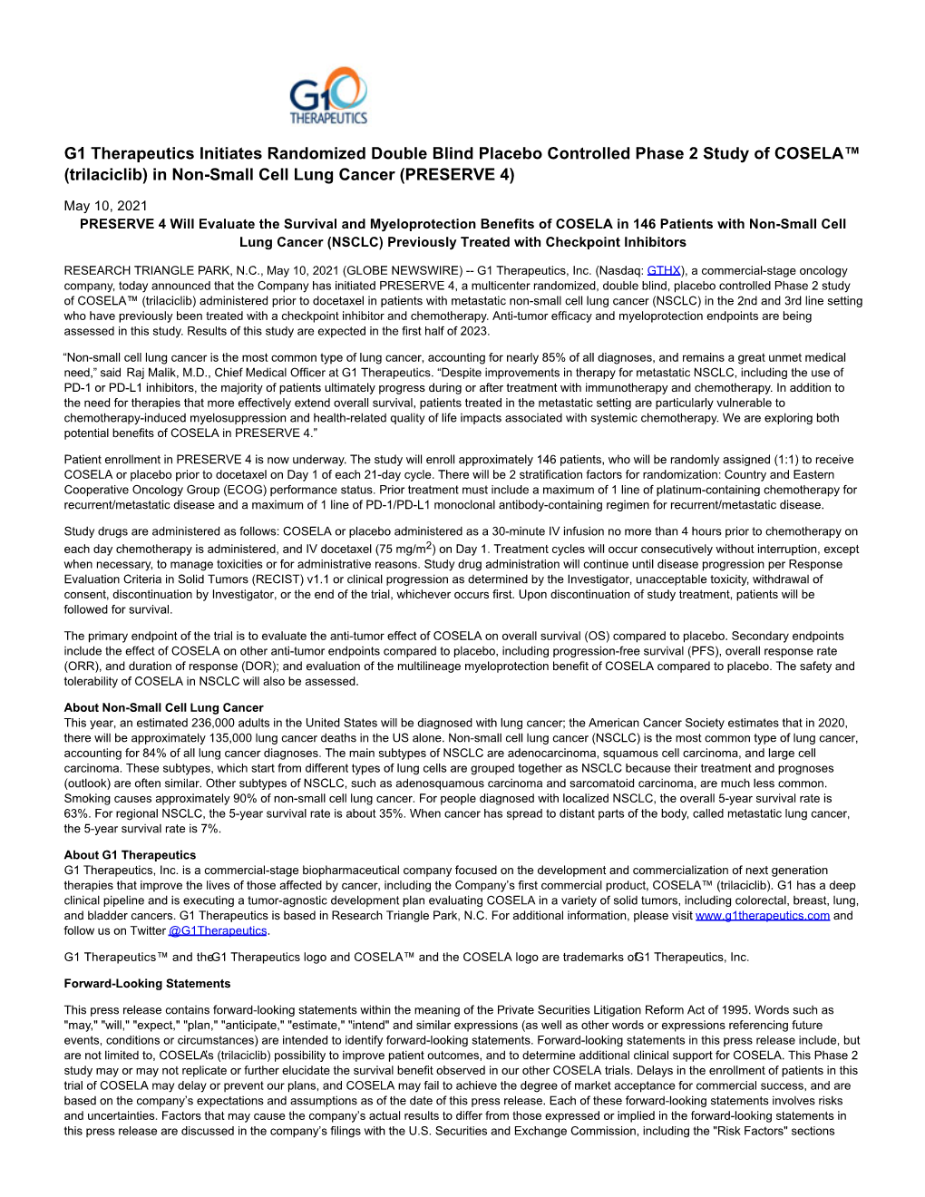 G1 Therapeutics Initiates Randomized Double Blind Placebo Controlled Phase 2 Study of COSELA™ (Trilaciclib) in Non-Small Cell Lung Cancer (PRESERVE 4)