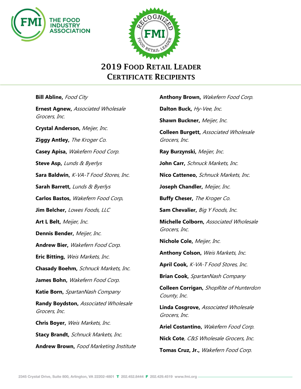 2019 Certificate Recipients