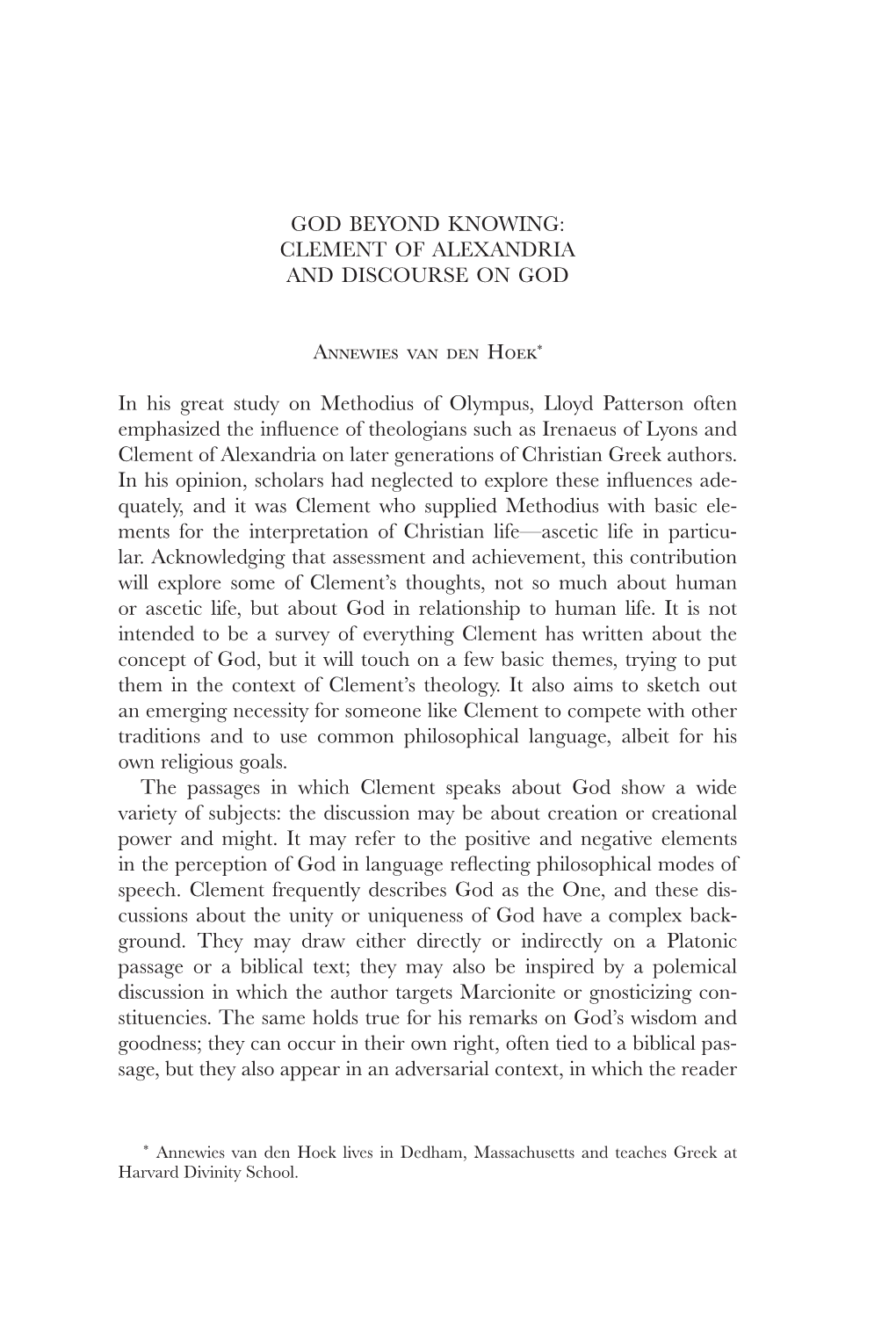 God Beyond Knowing: Clement of Alexandria and Discourse on God