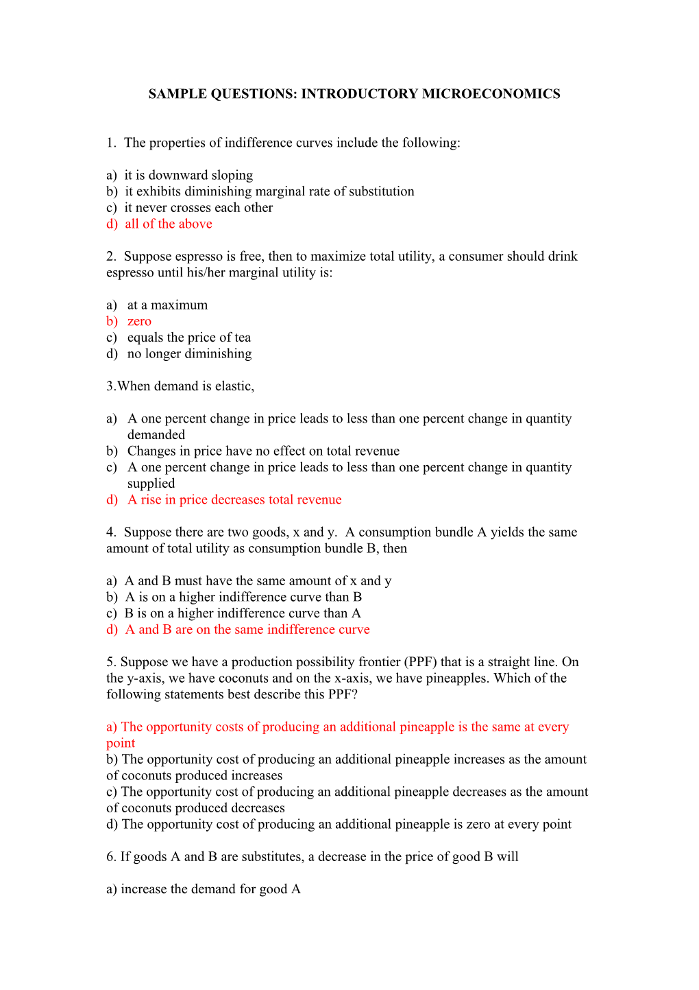 Sample Questions : Introductory Microeconomics