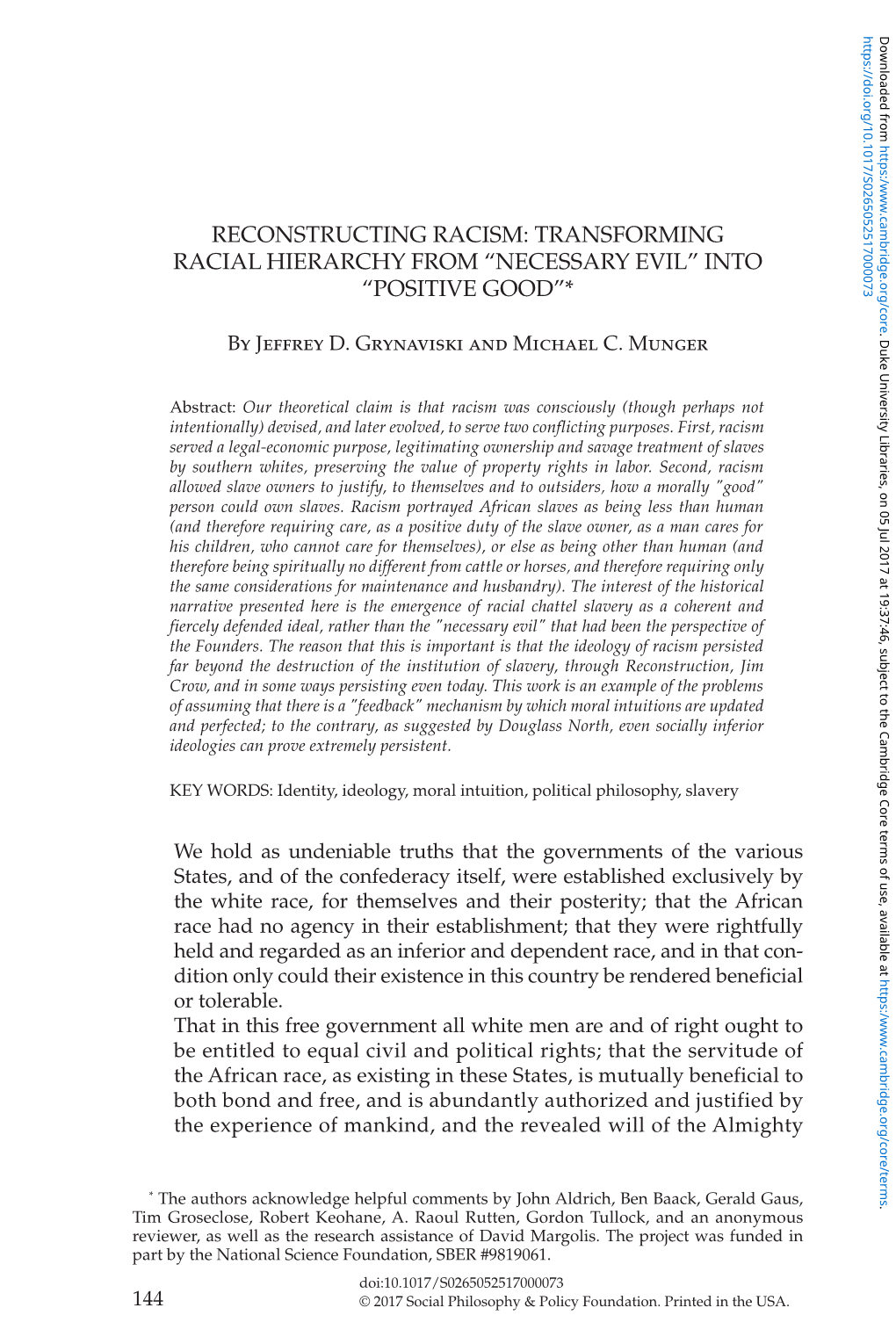 Reconstructing Racism: Transforming Racial Hierarchy from “Necessary Evil” Into “Positive Good”*