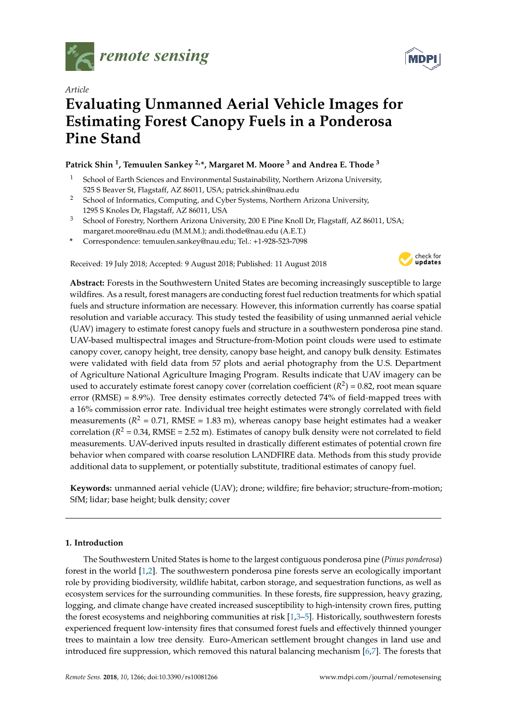 Evaluating Unmanned Aerial Vehicle Images for Estimating Forest Canopy Fuels in a Ponderosa Pine Stand