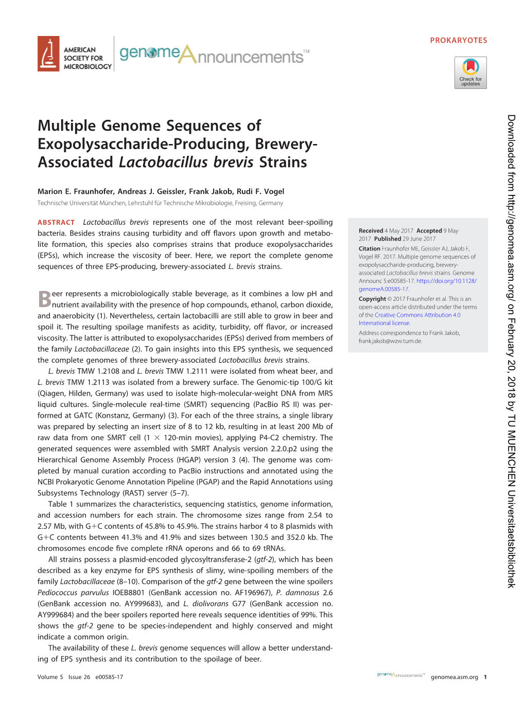 Multiple Genome Sequences of Exopolysaccharide-Producing, Brewery- Associated Lactobacillus Brevis Strains