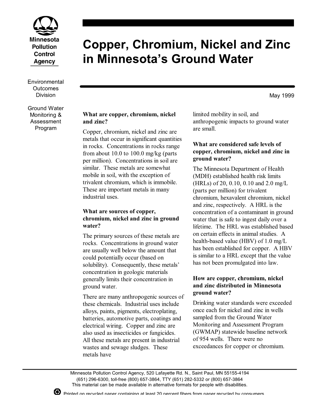 Copper, Chromium, Nickel and Zinc in Minnesota's Ground Water