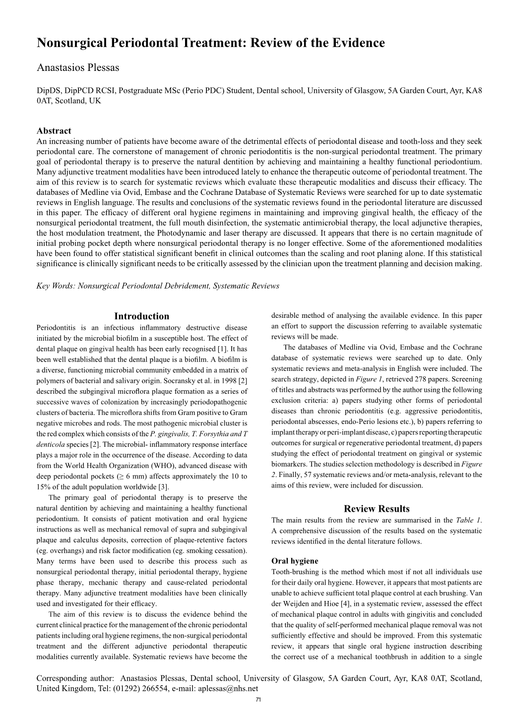 Nonsurgical Periodontal Treatment: Review of the Evidence