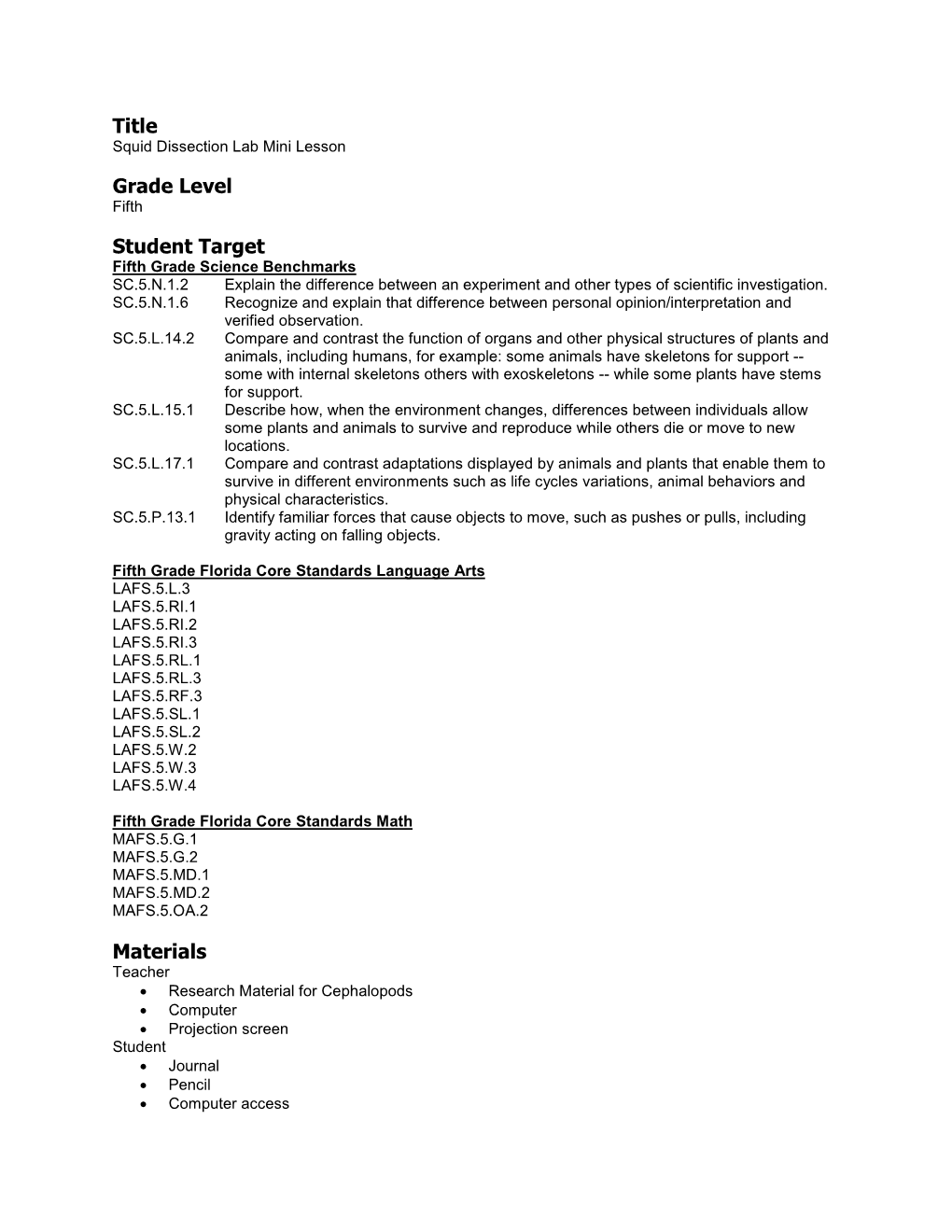 Title Grade Level Student Target Materials