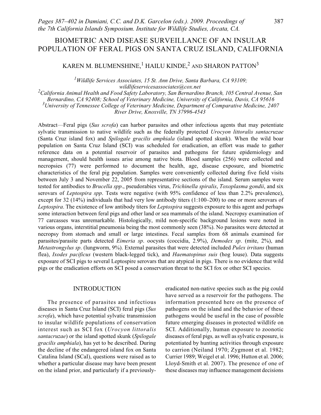 Biometric and Disease Surveillance of an Insular Population of Feral Pigs on Santa Cruz Island, California