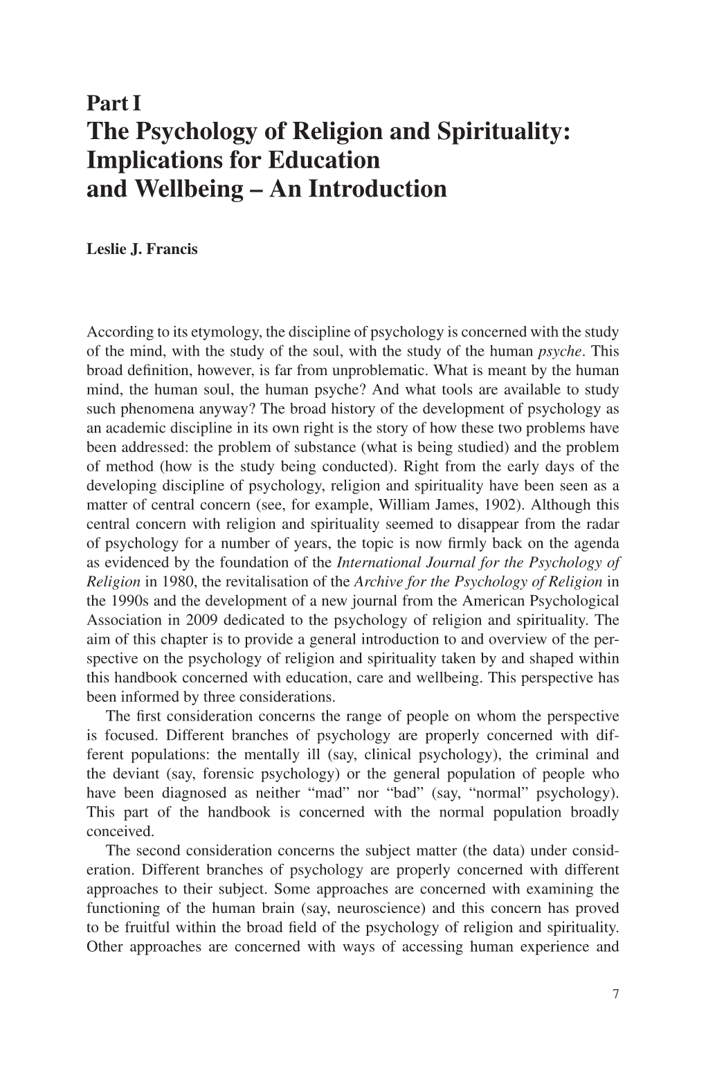 The Psychology of Religion and Spirituality: Implications for Education and Wellbeing – an Introduction