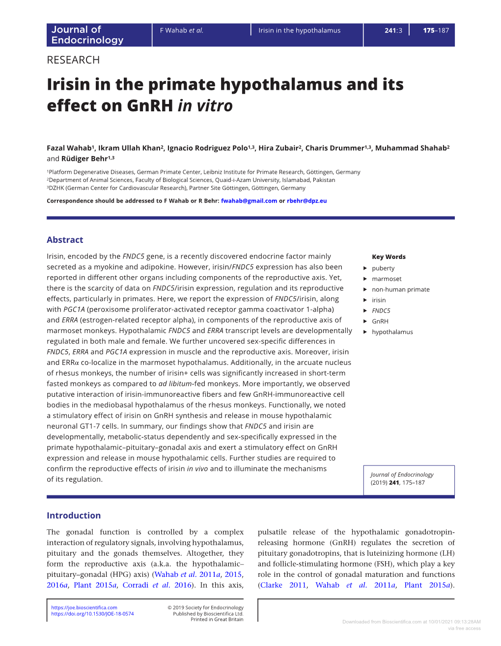 Irisin in the Primate Hypothalamus and Its Effect on Gnrh in Vitro