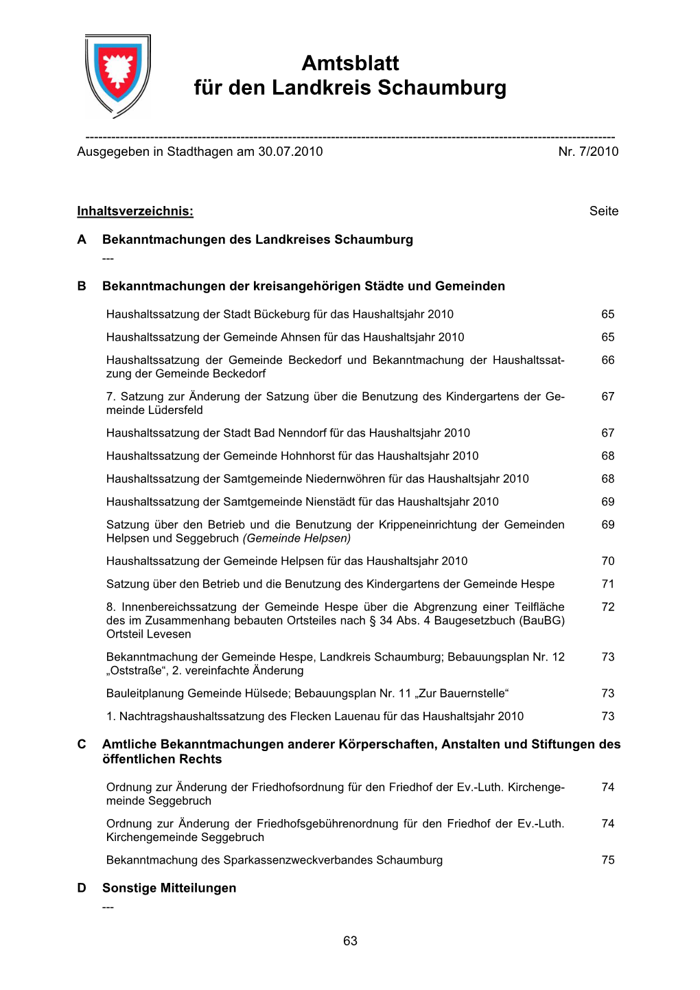 Amtsblatt Für Den Landkreis Schaumburg