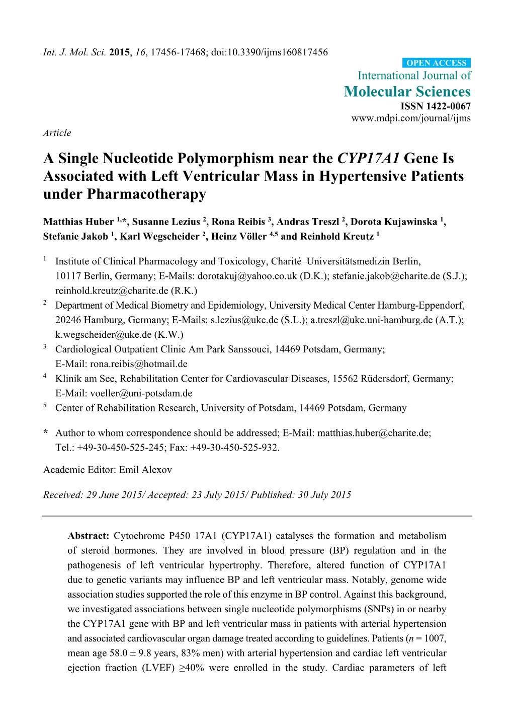 A Single Nucleotide Polymorphism Near the CYP17A1 Gene Is Associated with Left Ventricular Mass in Hypertensive Patients Under Pharmacotherapy