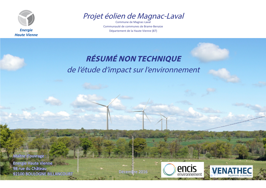 RÉSUMÉ NON TECHNIQUE De L'étude D'impact Sur L'environnement Projet Éolien De Magnac-Laval