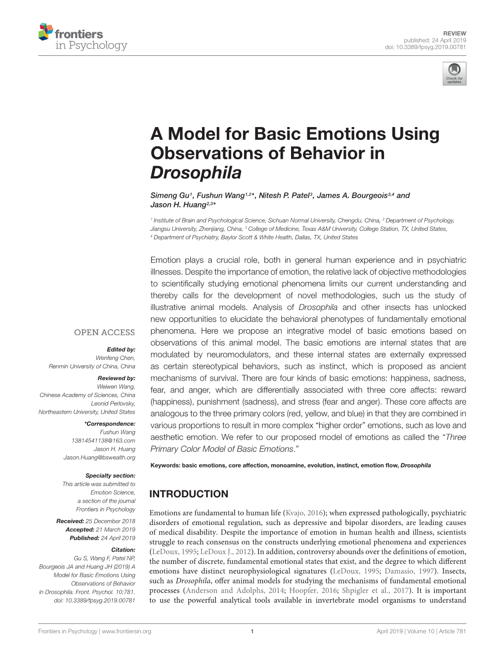 A Model for Basic Emotions Using Observations of Behavior in Drosophila