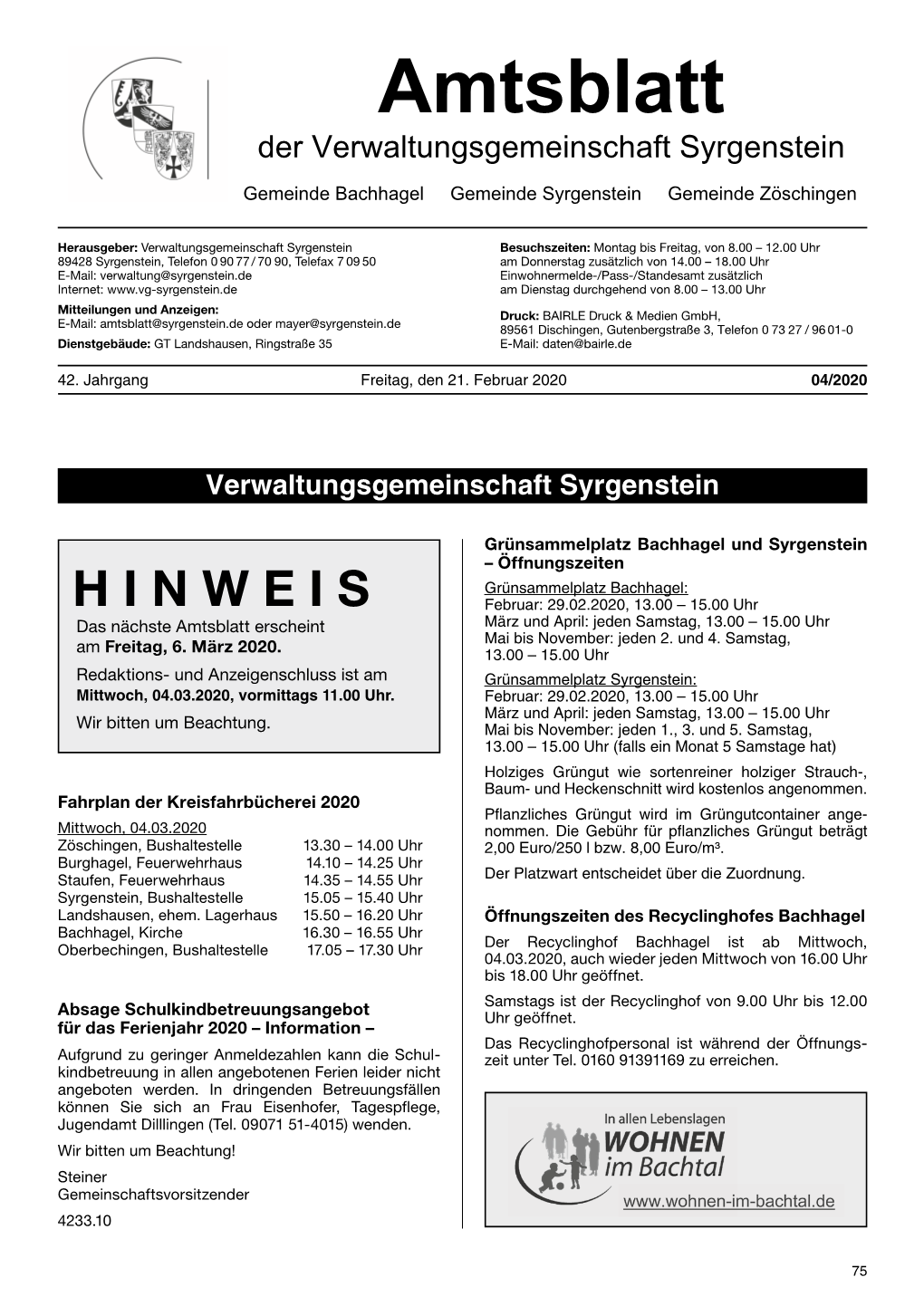 Gemeinde Bachhagel Gemeinde Syrgenstein Gemeinde Zöschingen