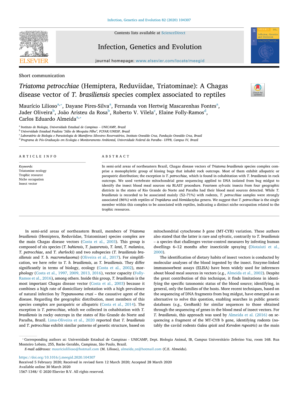 Hemiptera, Reduviidae, Triatominae): a Chagas Disease Vector of T