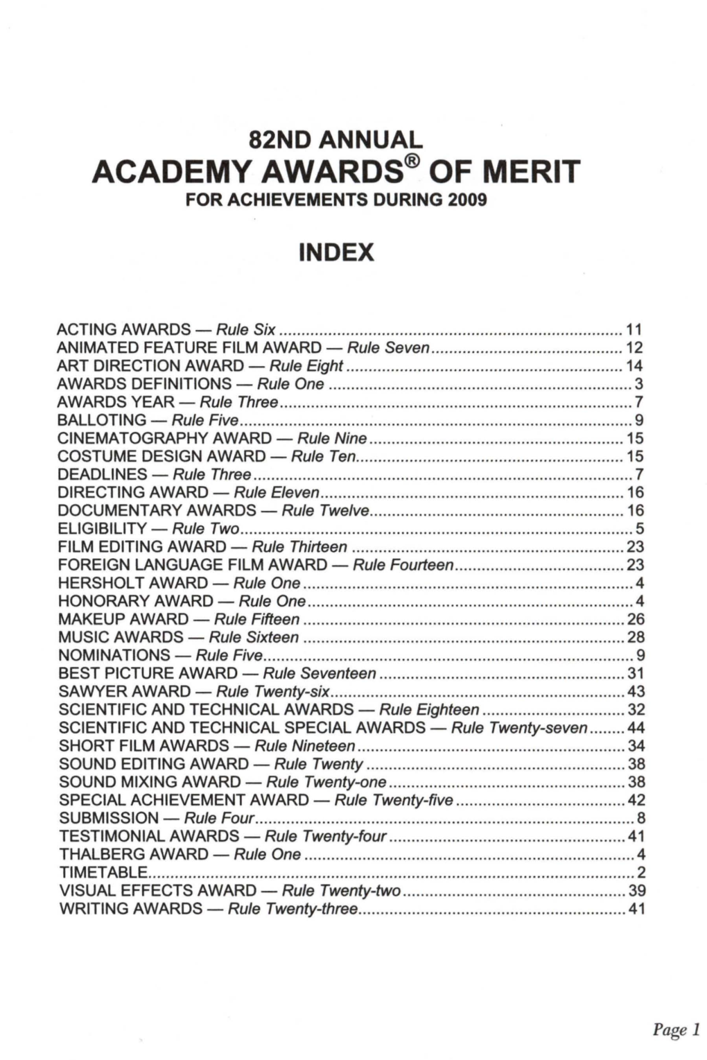 Academy Awards® of Merit for Achievements During 2009