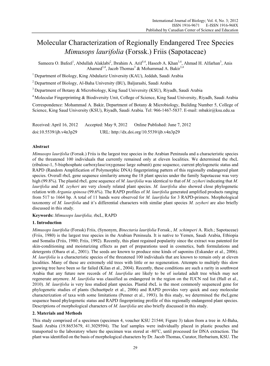 Molecular Characterization of Regionally Endangered Tree Species Mimusops Laurifolia (Forssk.) Friis (Sapotaceae)