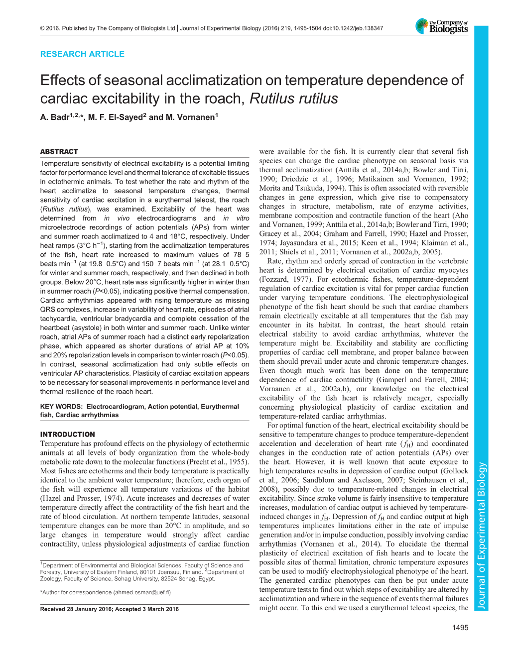 Effects of Seasonal Acclimatization on Temperature Dependence of Cardiac Excitability in the Roach, Rutilus Rutilus A