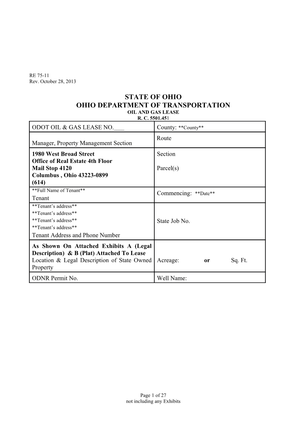 ODOT RE 75-11 Standard Oil and Gas Lease