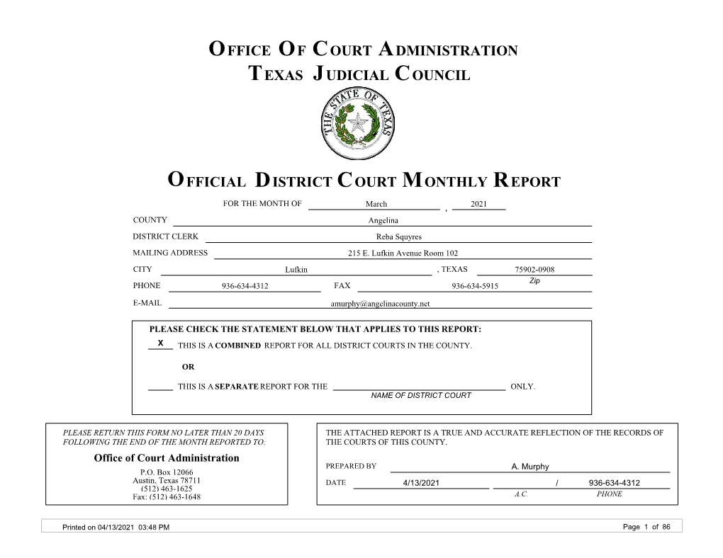 Official District Court Monthly Civil Report