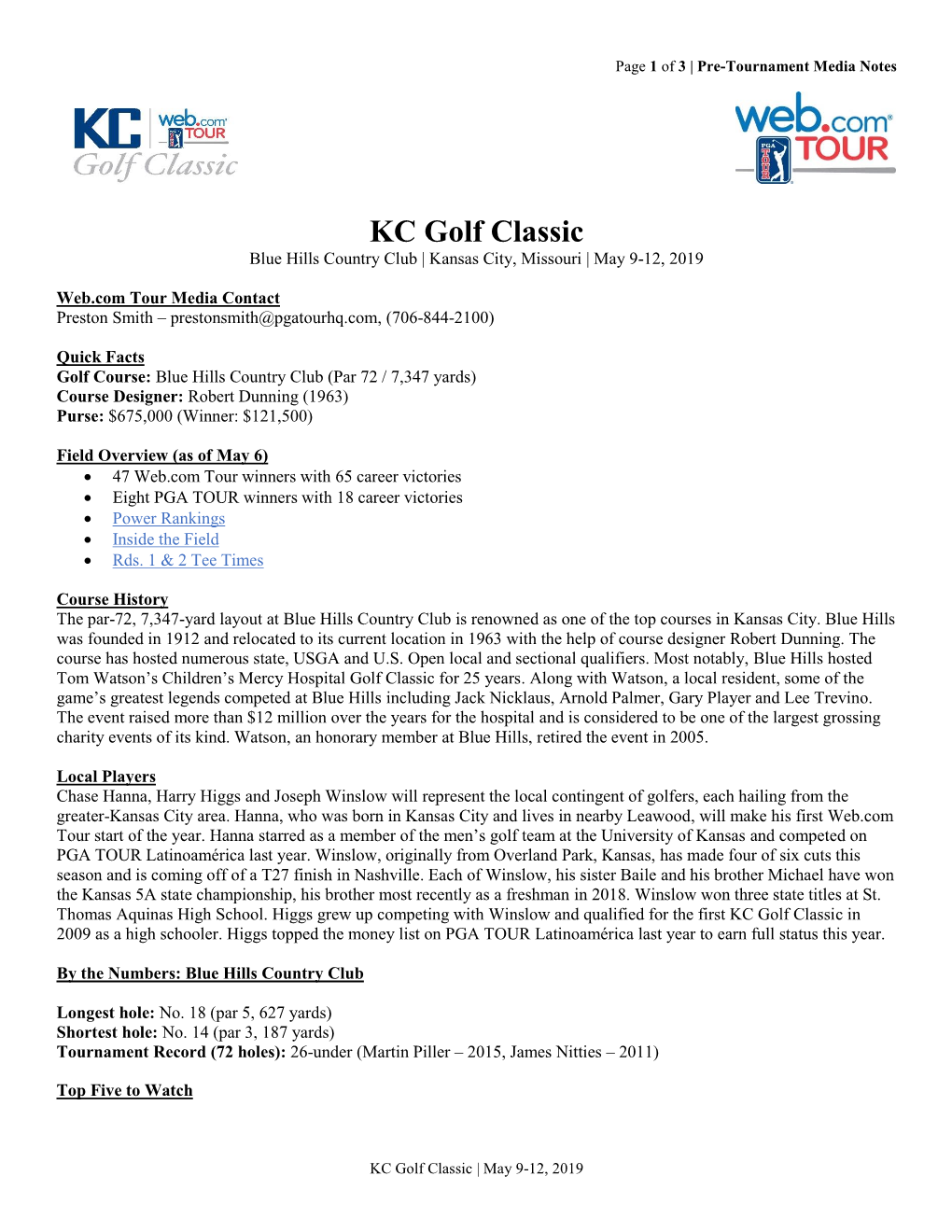 KC Golf Classic Blue Hills Country Club | Kansas City, Missouri | May 9-12, 2019