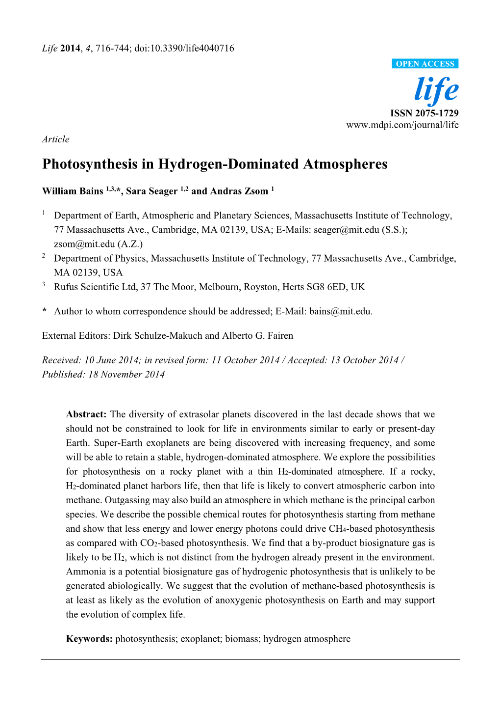 Photosynthesis in Hydrogen-Dominated Atmospheres